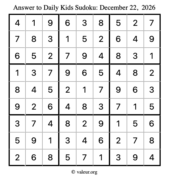Answer to kids sudoku December 22, 2026