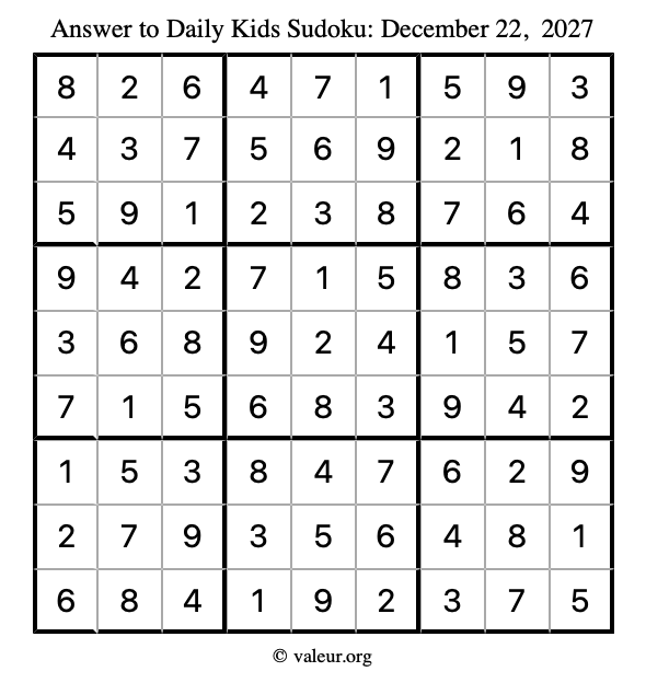 Answer to kids sudoku December 22, 2027