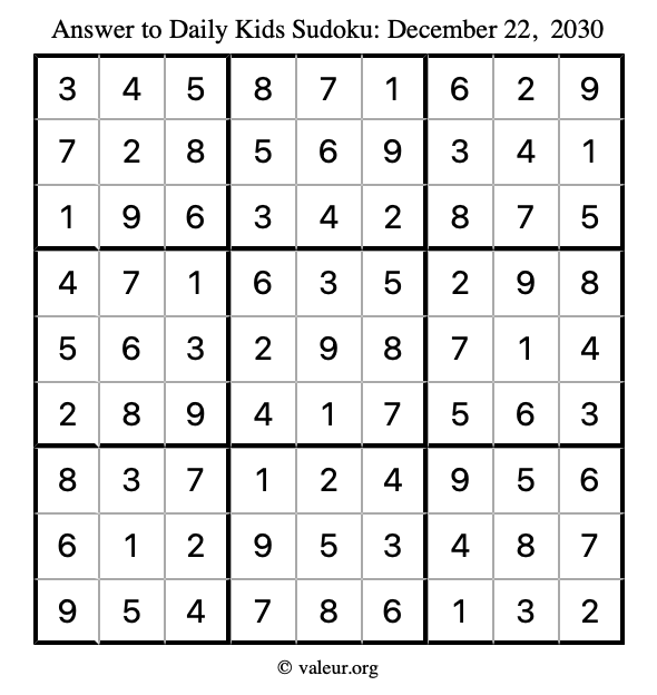 Answer to kids sudoku December 22, 2030