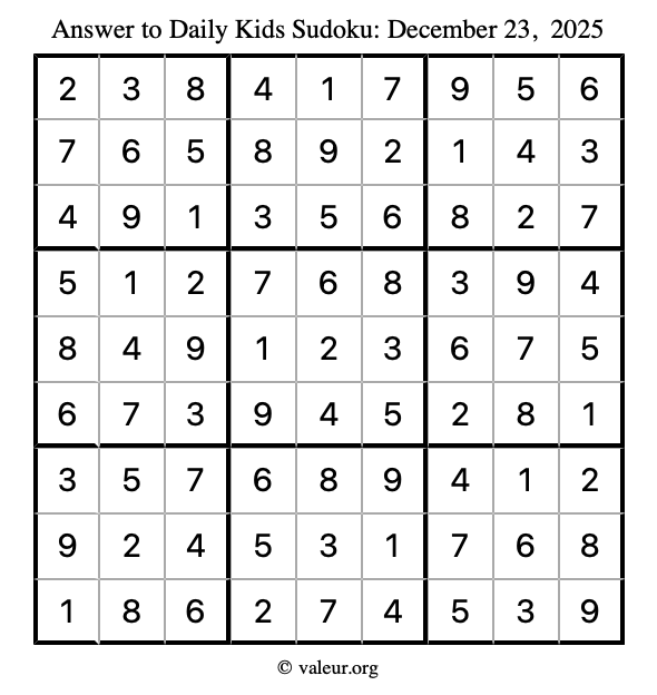 Answer to kids sudoku December 23, 2025