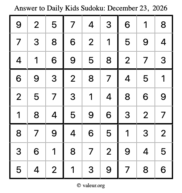 Answer to kids sudoku December 23, 2026