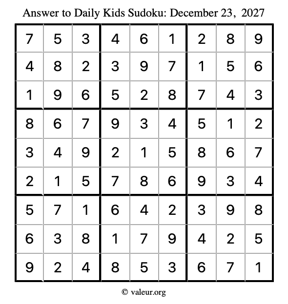 Answer to kids sudoku December 23, 2027