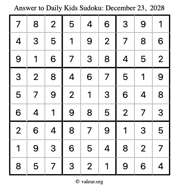 Answer to kids sudoku December 23, 2028