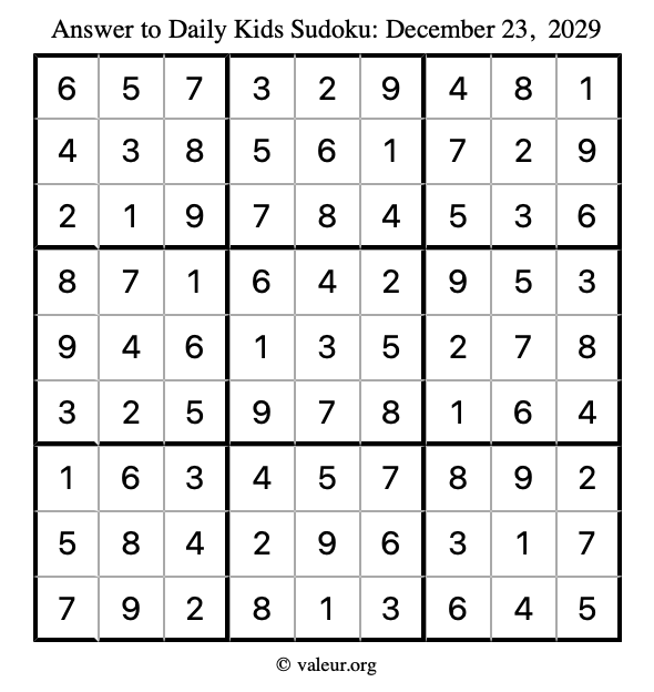 Answer to kids sudoku December 23, 2029