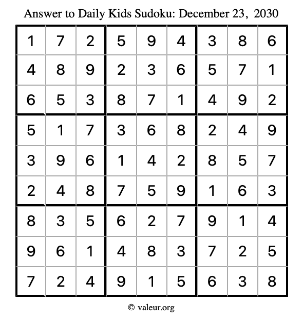 Answer to kids sudoku December 23, 2030
