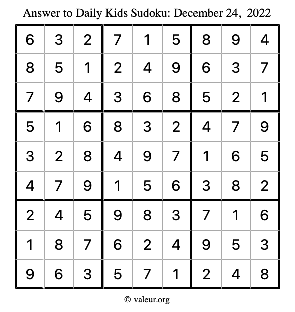 Answer to kids sudoku December 24, 2022