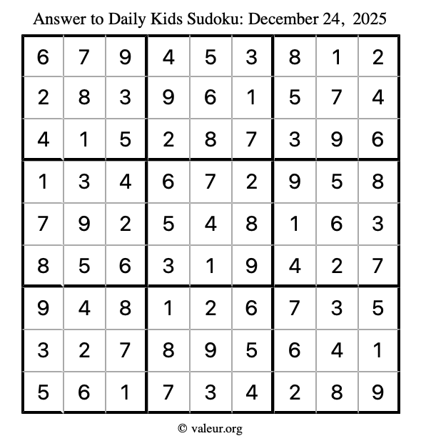 Answer to kids sudoku December 24, 2025