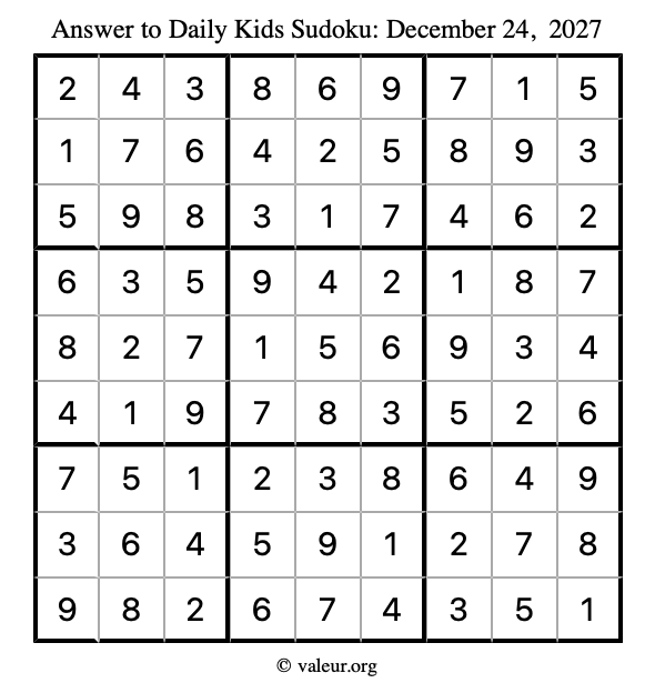 Answer to kids sudoku December 24, 2027