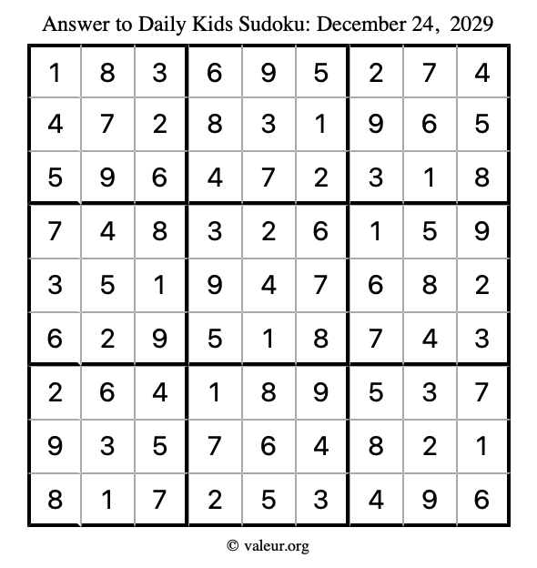 Answer to kids sudoku December 24, 2029