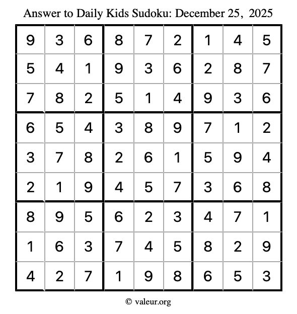 Answer to kids sudoku December 25, 2025