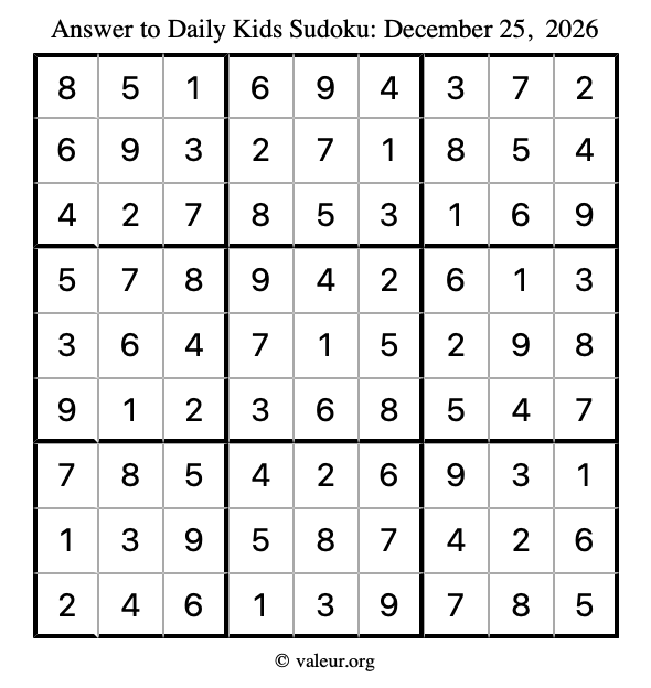 Answer to kids sudoku December 25, 2026
