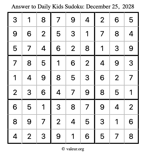 Answer to kids sudoku December 25, 2028