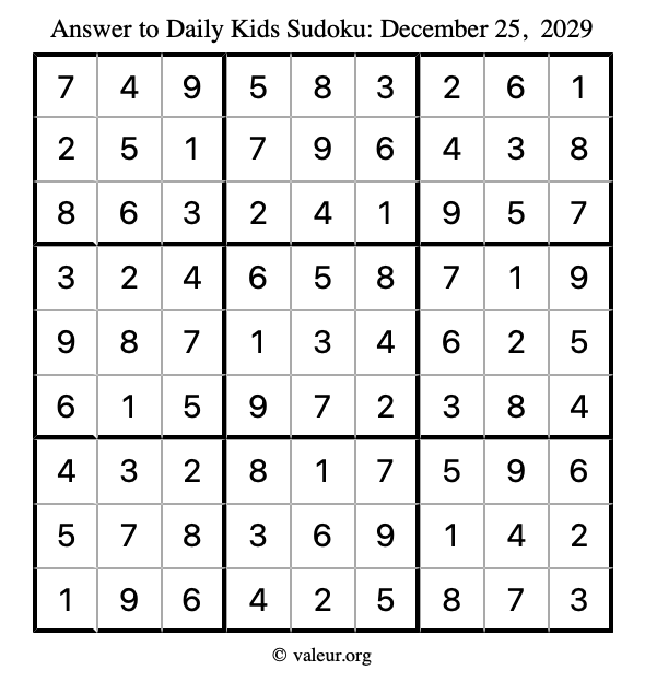 Answer to kids sudoku December 25, 2029