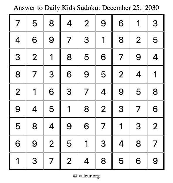 Answer to kids sudoku December 25, 2030