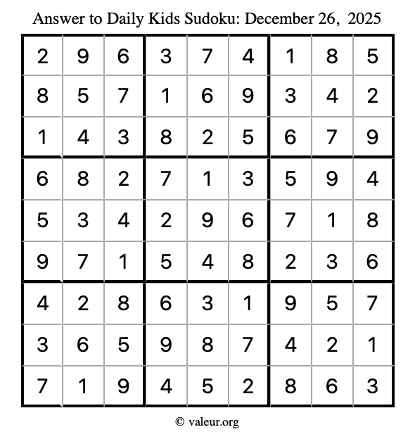 Answer to kids sudoku December 26, 2025