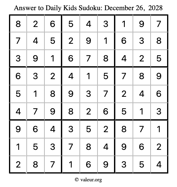 Answer to kids sudoku December 26, 2028