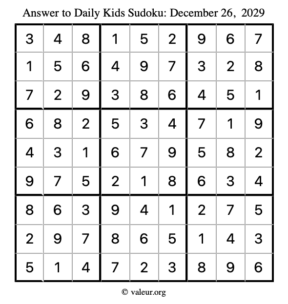 Answer to kids sudoku December 26, 2029