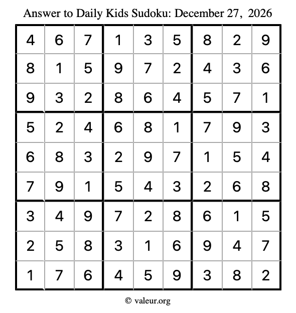 Answer to kids sudoku December 27, 2026