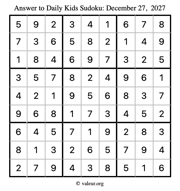 Answer to kids sudoku December 27, 2027