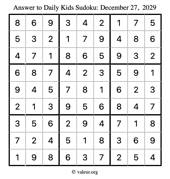 Answer to kids sudoku December 27, 2029