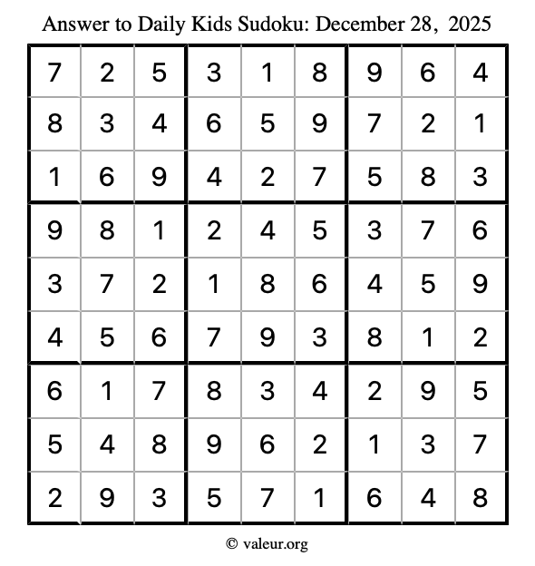 Answer to kids sudoku December 28, 2025