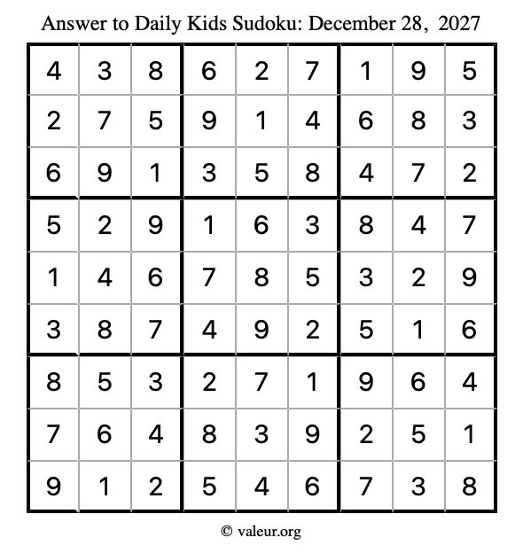 Answer to kids sudoku December 28, 2027