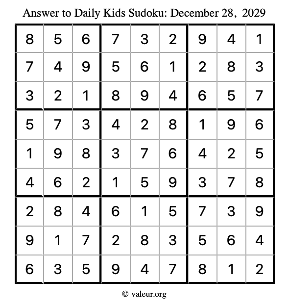 Answer to kids sudoku December 28, 2029