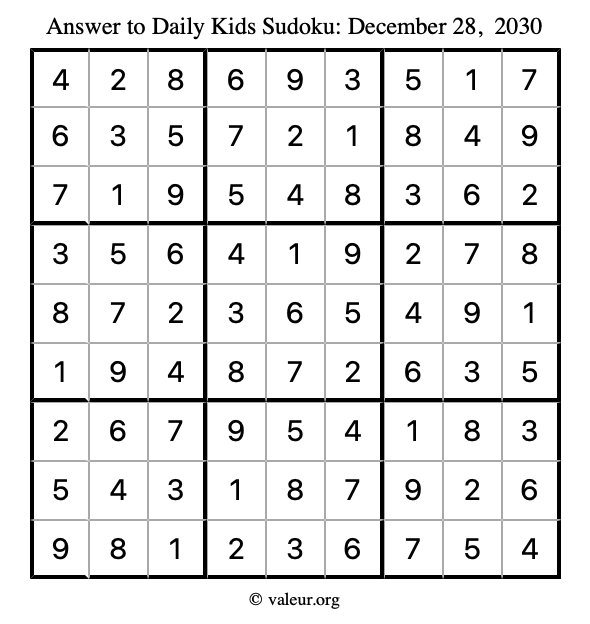 Answer to kids sudoku December 28, 2030