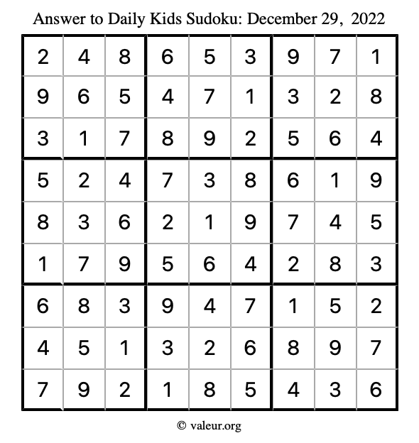 Answer to kids sudoku December 29, 2022
