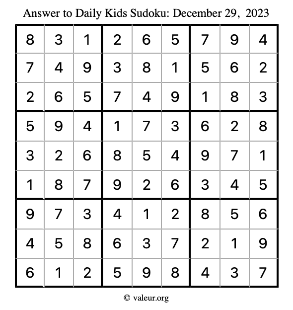 Answer to kids sudoku December 29, 2023