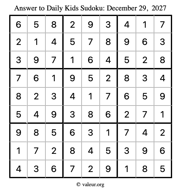 Answer to kids sudoku December 29, 2027