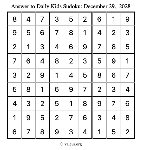 Answer to kids sudoku December 29, 2028