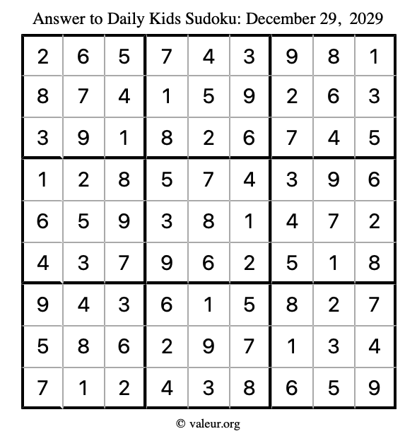 Answer to kids sudoku December 29, 2029