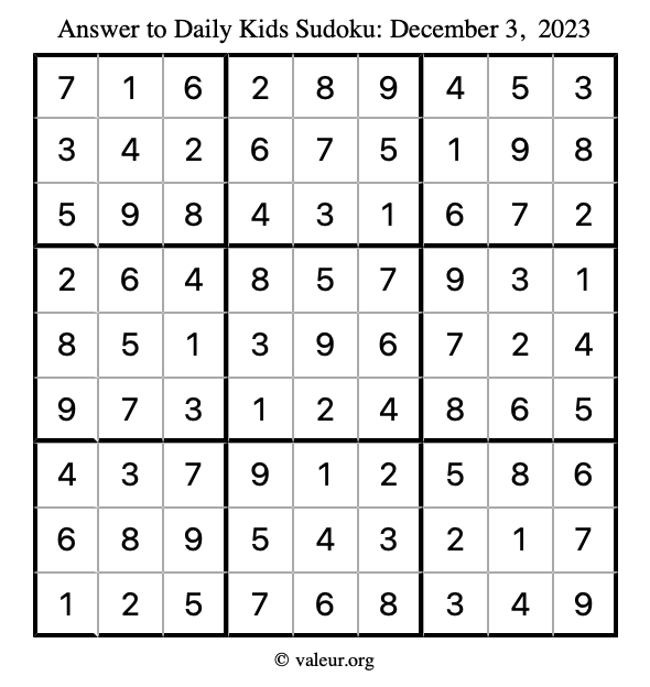 Answer to kids sudoku December 3, 2023