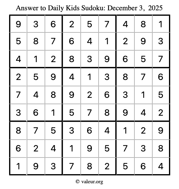Answer to kids sudoku December 3, 2025