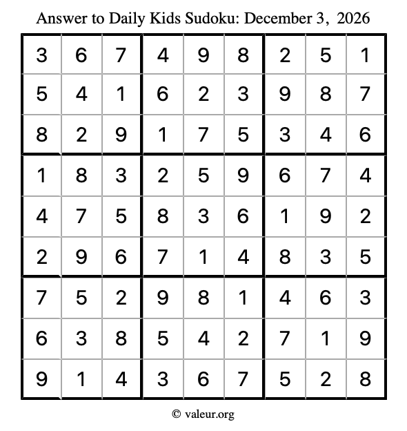 Answer to kids sudoku December 3, 2026