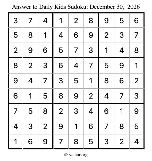 Answer to kids sudoku December 30, 2026
