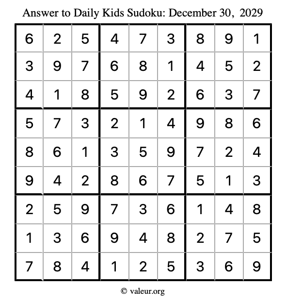 Answer to kids sudoku December 30, 2029