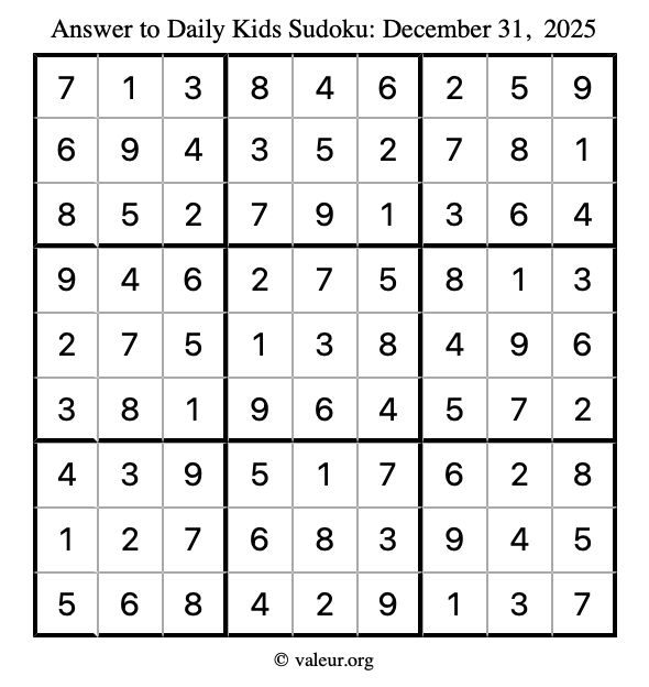 Answer to kids sudoku December 31, 2025