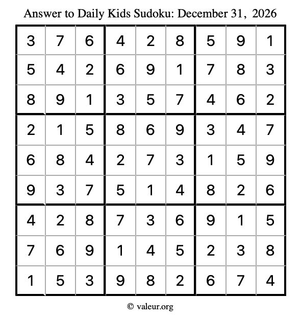 Answer to kids sudoku December 31, 2026