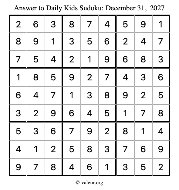 Answer to kids sudoku December 31, 2027