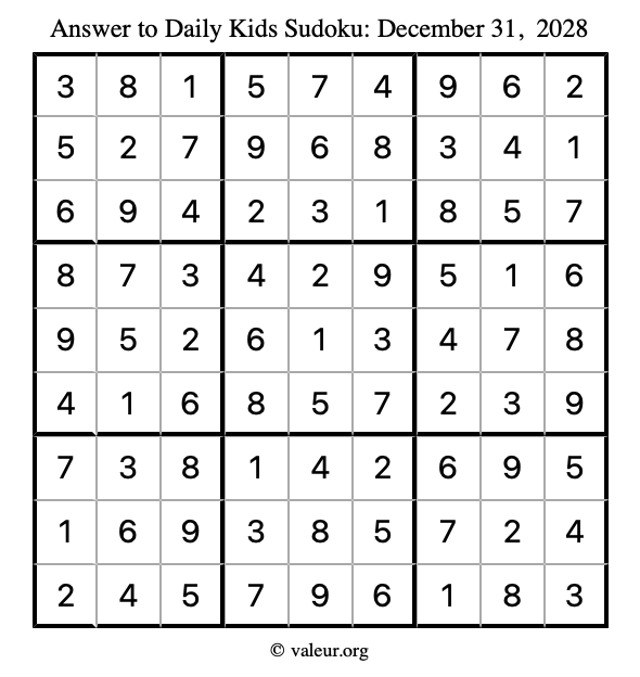 Answer to kids sudoku December 31, 2028