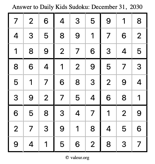 Answer to kids sudoku December 31, 2030