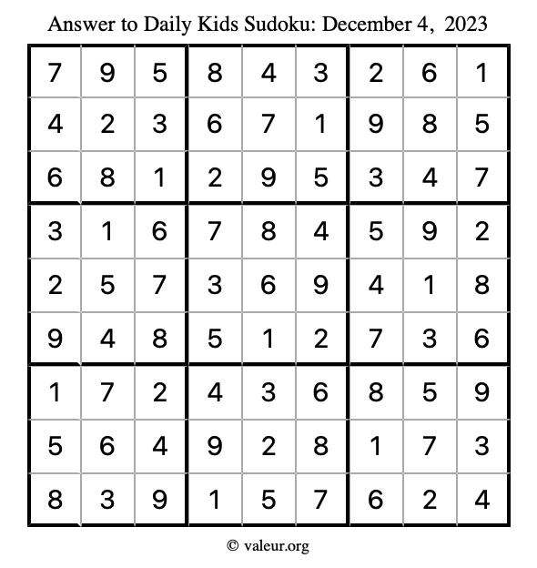 Answer to kids sudoku December 4, 2023