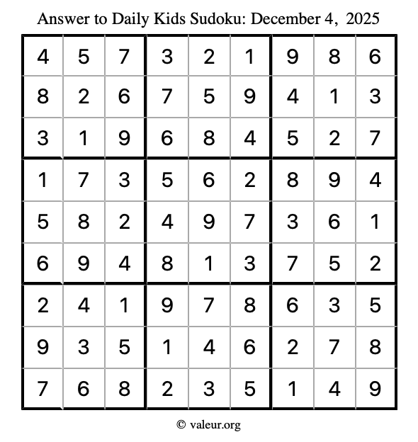 Answer to kids sudoku December 4, 2025