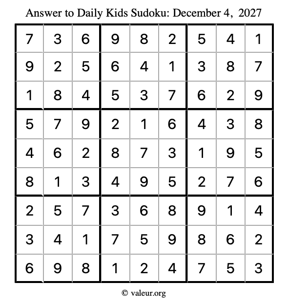 Answer to kids sudoku December 4, 2027