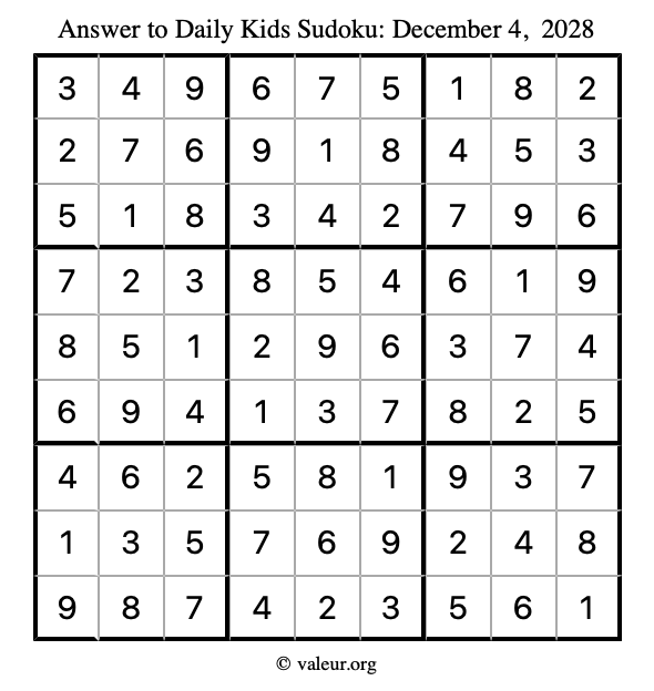 Answer to kids sudoku December 4, 2028