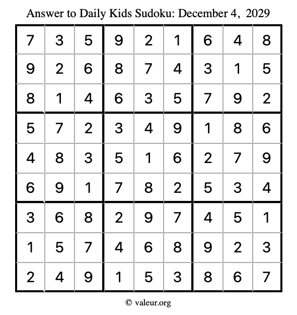 Answer to kids sudoku December 4, 2029