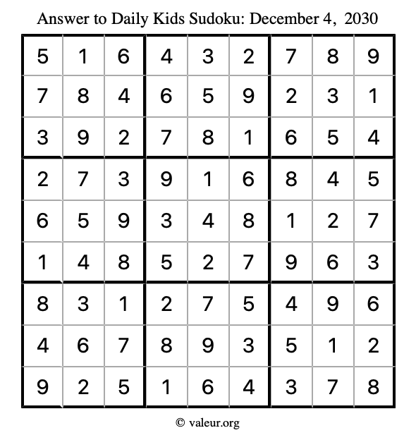 Answer to kids sudoku December 4, 2030