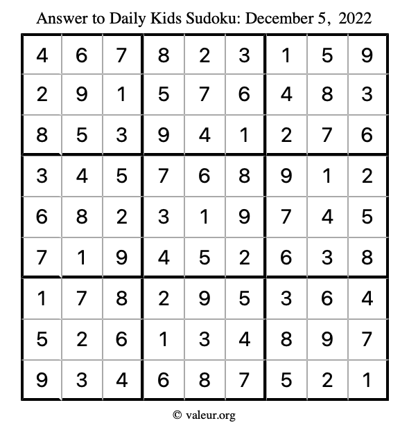 Answer to kids sudoku December 5, 2022